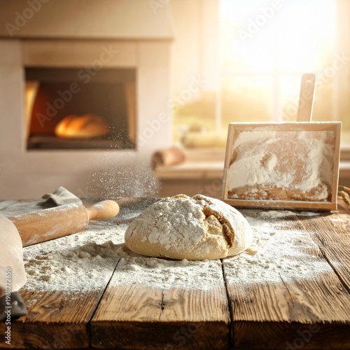 Fresh dough for homemade bread on rustic wooden table with flour dusting, baker tools, rustic bakery background, traditional baking process