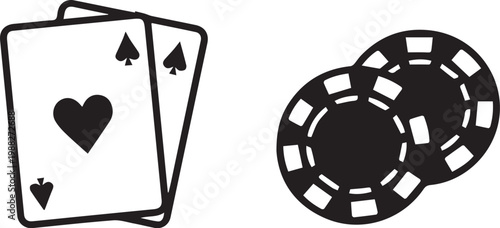 Poker game elements of playing cards and chips, illustration.