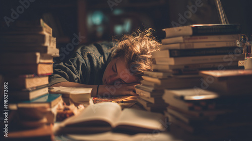 student stressed during exams, books scattered, messy table, night study, photo style