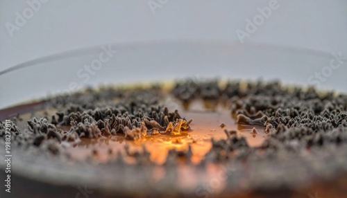 Macro closeup of ferrofluid spike formation in liquid medium with warm orange lighting, scientific experiment, magnetism, magnetic liquid physics, surface tension