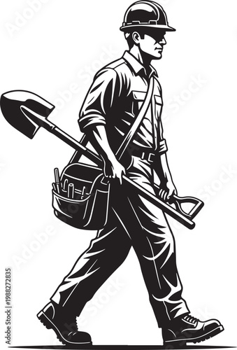 Vintage construction worker vector illustration, manual laborer with shovel and tool bag, industrial worker in hard hat and boots
