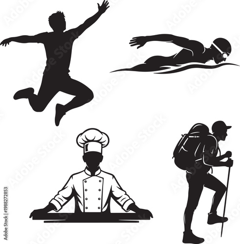 Professional people silhouette set, active lifestyle icons including chef, swimmer, hiker, and jumping man, black vector character collection