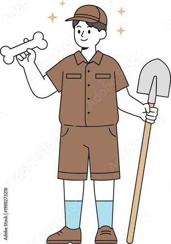 Cartoon vector illustration of bone discovery showing archaeologist character with shovel and excavation design