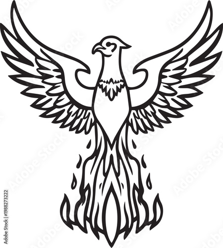 The legendary phoenix rises from the ashes, symbolizing rebirth, resilience, and transformation, a powerful graphic illustration.