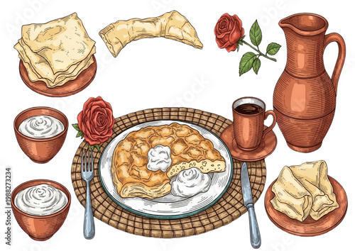 Traditional breakfast spread with pastry, coffee, and fresh ingredients