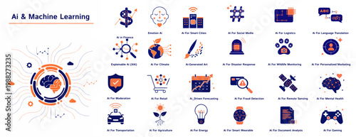 A vector graphic illustration of various AI and machine learning icons and symbols in a modern design style.