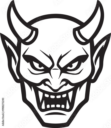 A stark black and white illustration of a fierce devil head with menacing eyes, sharp teeth and horns.