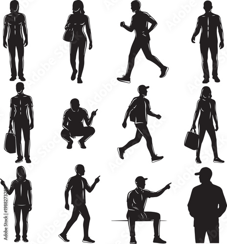 Black silhouette people set, diverse collection of 12 walking and sitting human figures, minimalist vector silhouettes for architectural rendering
