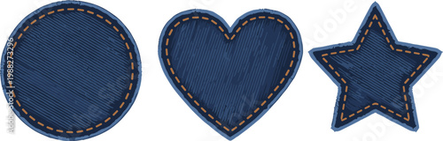 Cartoon vector illustration of denim patches showing stitched circle heart and star design variation