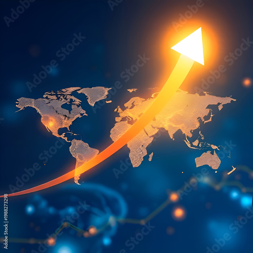 Global Business Growth Concept with Rising Arrow on World Map – Financial Success and Economic Expansion