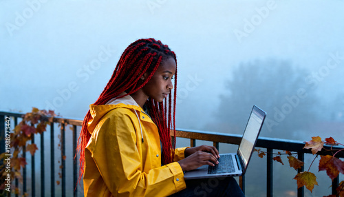 Flexible work concept, laptop on balcony with outdoor view