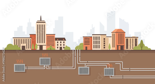 Cross section illustration of urban underground infrastructure with city buildings. EPS Editable. Vector Illustrations.