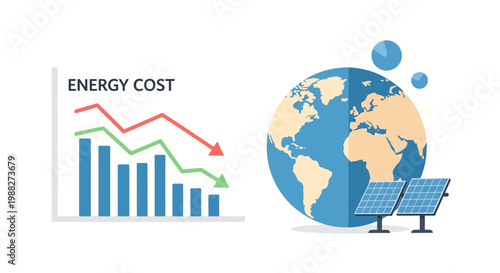 Decreasing Energy Cost Chart With Solar Panels And Earth Globe Illustration. EPS Editable. Vector Illustrations.
