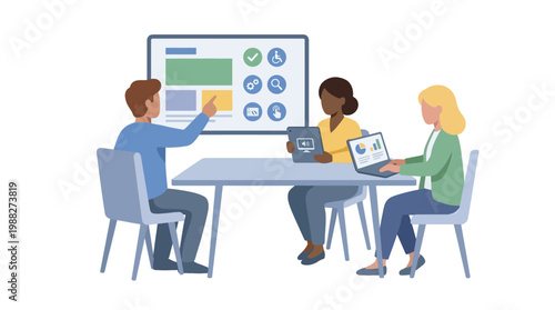 Diverse Business Team Collaborating in a Modern Office Meeting 2. EPS Editable. Vector Illustrations.