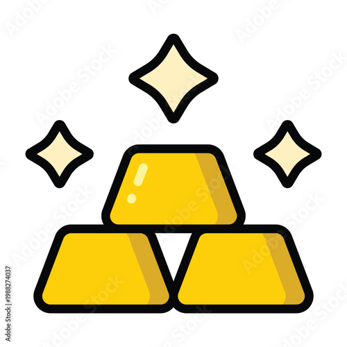 Bright gold bars illustration with bold outline representing wealth, investment, financial assets, and economic stability.