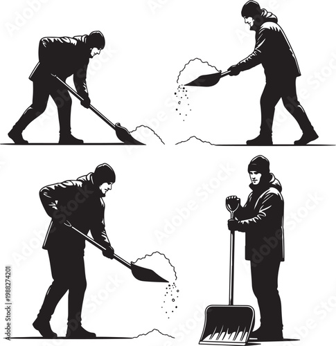 Black and white vector silhouettes of men shoveling snow, set of four male figures clearing winter ice with shovels, manual labor snow removal icons
