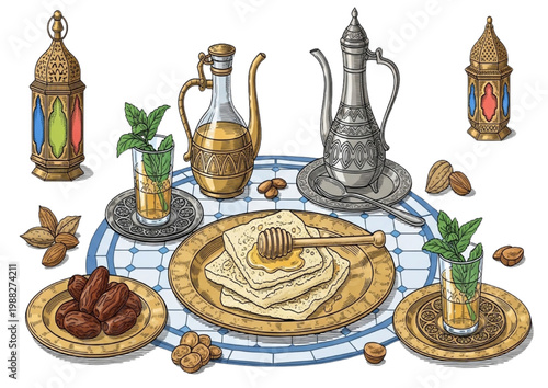 Traditional Middle Eastern Breakfast Spread with Dates, Nuts, and Honey