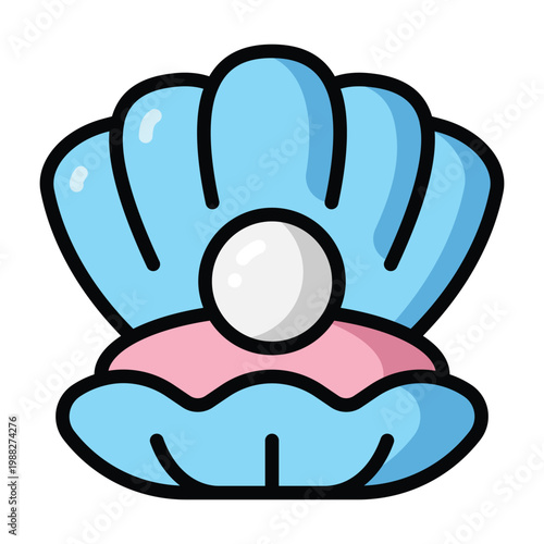 Colorful pearl inside shell illustration with bold outline, representing ocean treasure, elegance, rarity, and natural beauty.