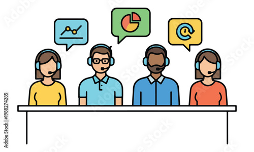 Call center agents with headsets and data speech bubbles illustration