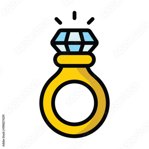 Bright diamond ring illustration with bold outline, representing luxury jewelry, engagement, elegance, and valuable accessories on clean background.