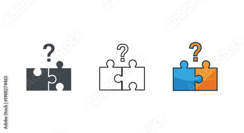 Vector illustration showing two interconnected puzzle pieces with a question mark above them, representing a complex problem or solution.
