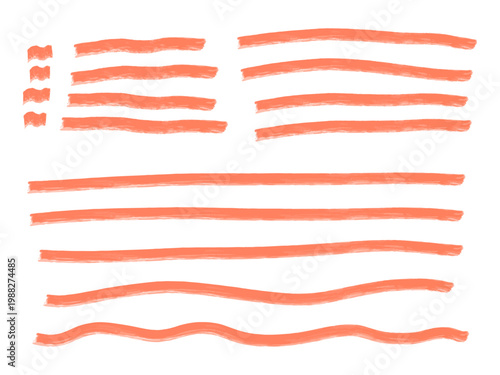 手描きラインセット オレンジの直線・波線装飾パーツ シンプルで使いやすい透過デザイン素材 / Hand drawn line set orange straight and wavy decorative lines isolated simple design elements
