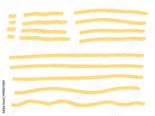 手描きラインセット イエローの直線・波線装飾パーツ シンプルで使いやすい透過デザイン素材 / Hand drawn line set yellow straight and wavy decorative lines isolated simple design elements