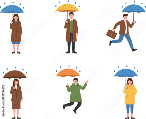 Cartoon vector illustration of rainy day umbrella scenes showing diverse people with weather design variation