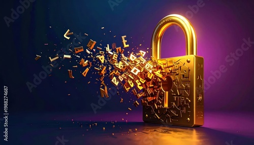 Golden padlock breaking into digital letters, cyber security breach, data leakage, information protection, encryption failure, system vulnerability