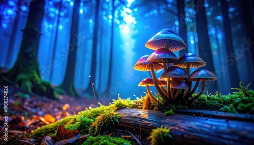 Group of bioluminescent mushrooms in a mystical dark forest at night, glowing fungi on mossy log, ethereal enchanted woods, magical nature backdrop