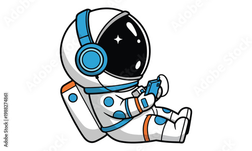 Astronaut wearing blue headphones using smartphone sitting on white