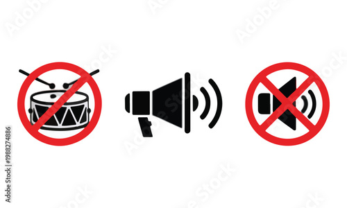 Noise restriction icons with prohibited drum and speaker symbols