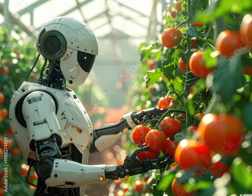 Futuristic robot harvesting ripe red tomatoes in a high-tech greenhouse, smart farming technology, automation, agricultural robotics and efficiency