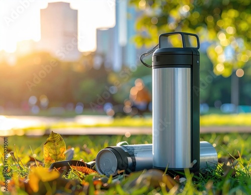 Stainless steel thermos water bottle standing in green park grass at sunset, reusable drinkware for hydration, eco friendly living, active outdoor lifestyle