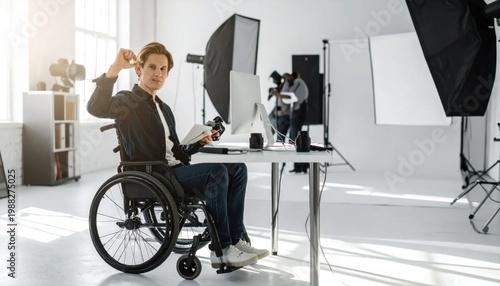 Young man in wheelchair working at desk in professional photo studio, inclusive workplace diversity, accessibility and business technology