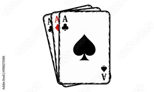 Three Aces Playing Cards Hand Drawn Illustration Isolated