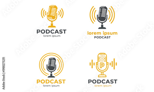 Microphone Podcast Logo Set for Audio Broadcasting and Streaming