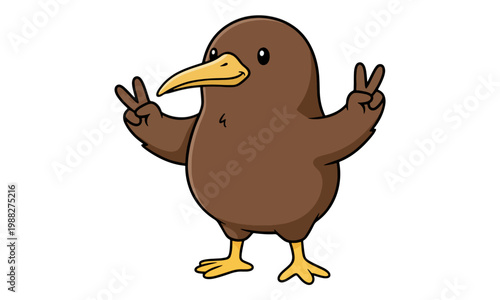 Kiwi Bird Illustration Showing Peace Sign on White Background