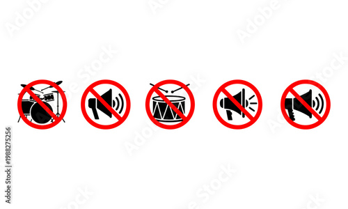 Quiet zone prohibition signs with drums and loud speakers