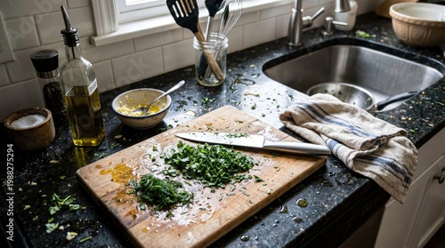 Freshly Chopped Herbs on a Kitchen Counter with Utensils