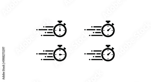 Vector graphic illustration featuring multiple stopwatch icons with speed lines, symbolizing fast time and quick delivery concepts.