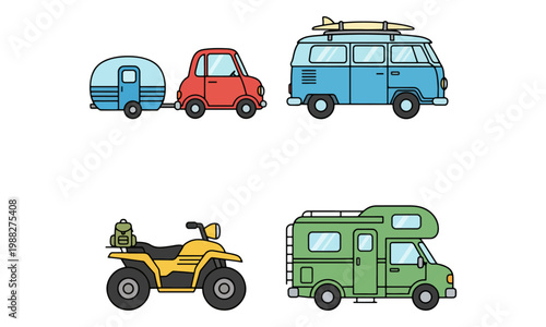 Camping Vehicles Set with RV Van Trailer and ATV Vector