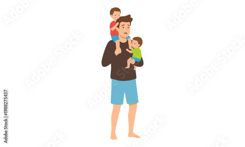 Tired Father Carrying Two Young Children on White Background