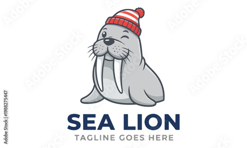 Sea lion walrus mascot wearing winter beanie hat winking logo