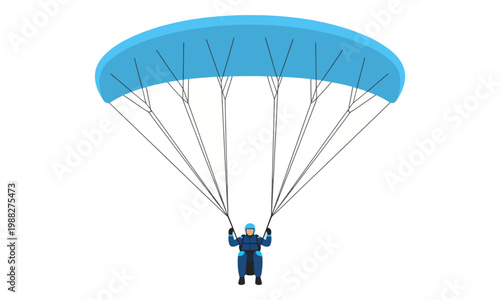 Paraglider flying with blue parachute isolated on white background
