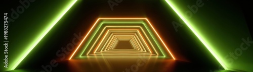 Futuristic corridor with glowing neon green and orange trapezoid light frames in perspective