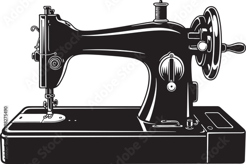 Vintage sewing machine vector illustration, antique manual tailor equipment, retro black metal dressmaker tool, classic sewing machine icon for craft and fashion design