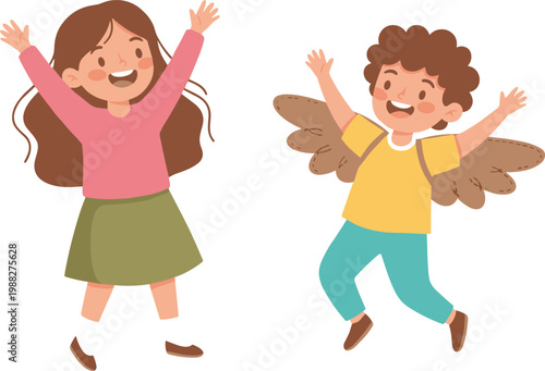 Cartoon vector illustration of two joyful children with raised arms, one with wings, symbolizing fun and imagination