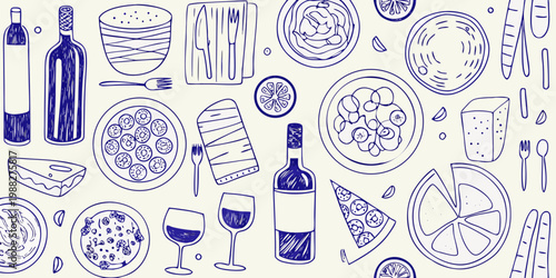 Hand drawn illustration of a festive table setting with food and drink