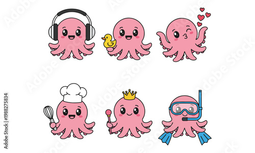 Cute Kawaii Octopus Character Set with Various Costumes and Poses